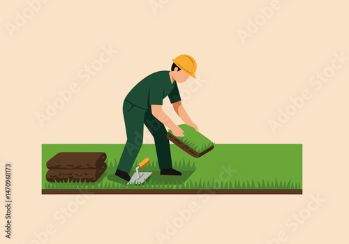 Lawn Installation Professional Laying Grass Turf in Backyard Garden