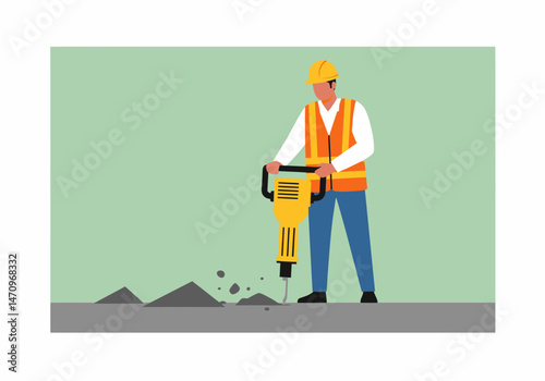 Construction Worker Using Jackhammer on Asphalt Road Surface