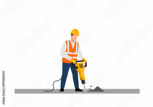 Construction Worker Using Jackhammer On Road Street Pavement