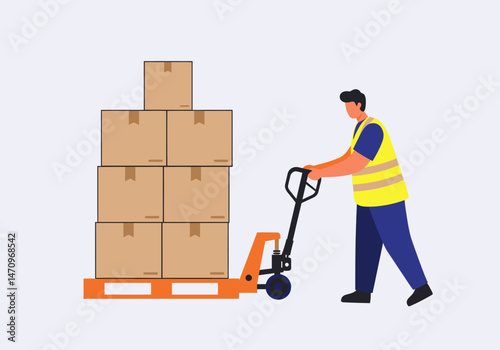 Man Worker Transports Boxes Using Pallet Jack Illustration