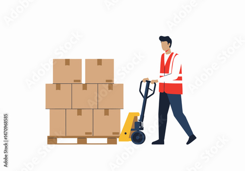 Worker moving boxes with pallet jack in warehouse