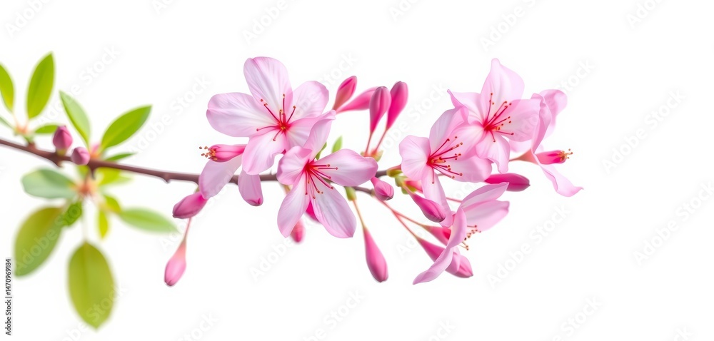 Delicate pink azalea blossoms in full bloom on a slender branch, isolated on pure white, branch, plant Delicate pink azalea blossoms in full bloom on a slender branch, isolated on pure white, branch, plant