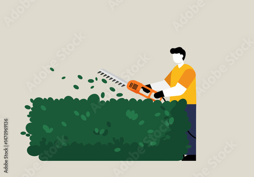 Man Shaping Hedge with Trimmer Illustration Gardening Concept