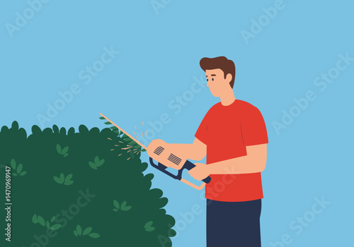 Man Trimming Bush with Electric Hedge Trimmer Illustration