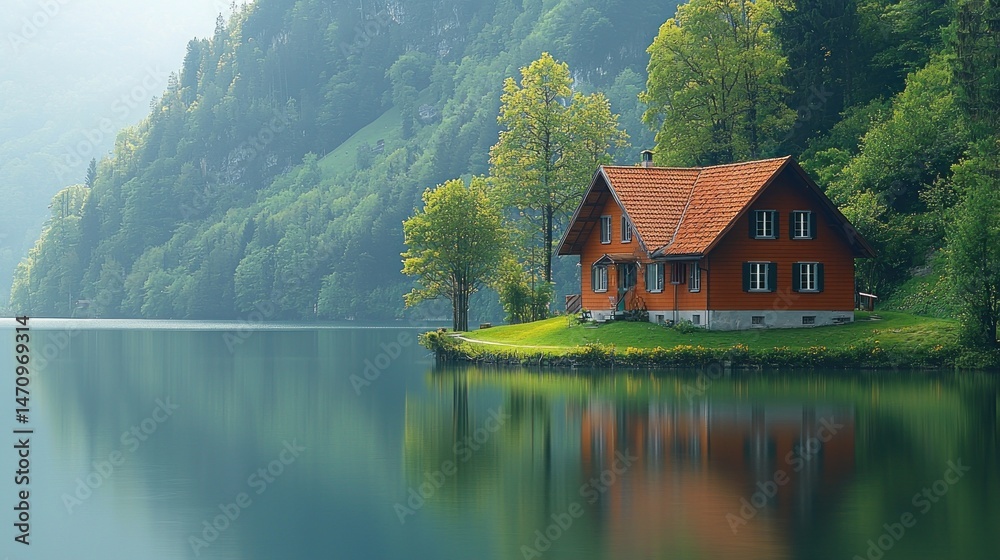 Obraz premium Lakeside cabin nestled amongst serene mountains. Peaceful reflection on tranquil lake