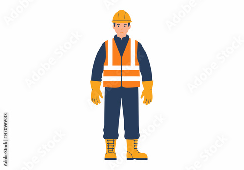 Standing Construction Worker Wearing Orange Vest and Yellow Helmet