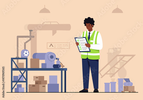 Inspector Man Works in Factory with Checklist Job