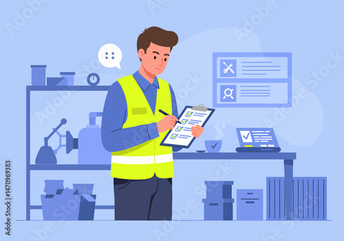 Warehouse Worker Inspecting Inventory with Checklist Stock Management