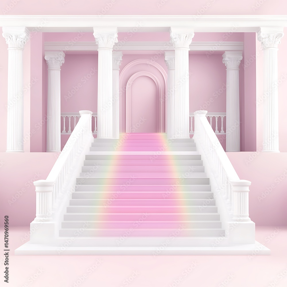 Obraz premium Elegant Pink Staircase Leading to Grand Archway in Classical Building A Dreamlike Rainbow Path Illuminates the Steps