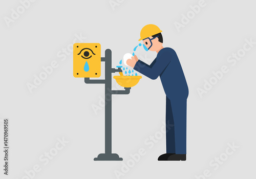 Worker Cleansing Eyes at Safety Station after Accident
