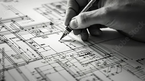 Close Up of Hand Drafting Blueprint on White Paper in Monochrome with Technical Design for Architecture and Engineering Projects