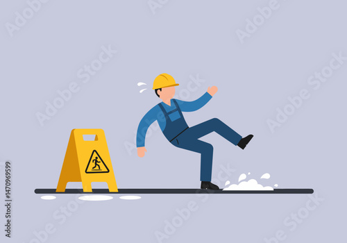 Cartoon Worker Slipping on Wet Floor Accident Prevention