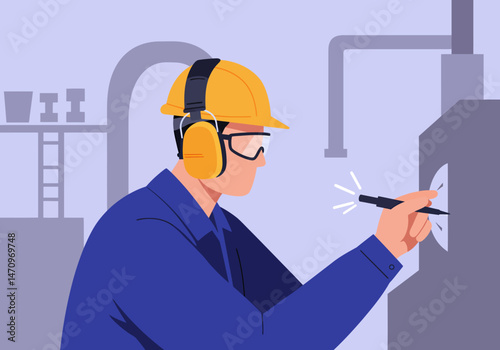Manufacturing Worker Inspecting Machinery with Light and Safety Gear
