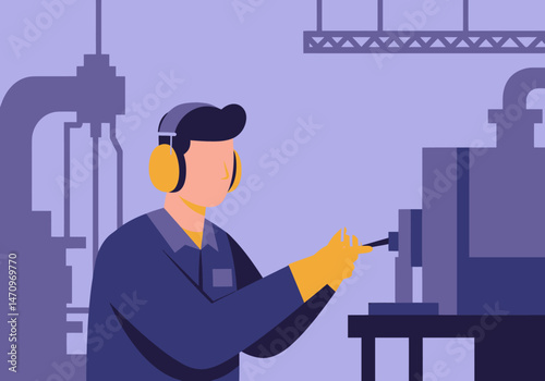 Factory Worker Inspecting Component with Precision Tools and Headphones