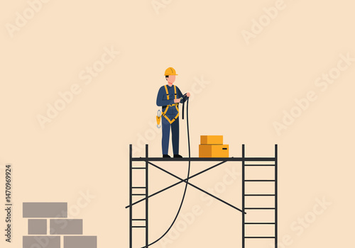 Construction Worker Standing on Scaffolding Inspecting Safety Equipment