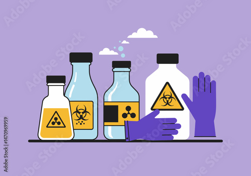 Hazardous Waste Materials Symbol Containers in Laboratory Setting Illustration
