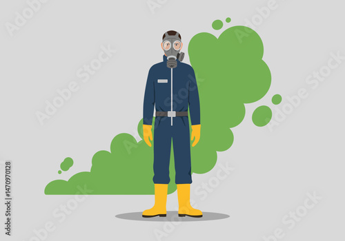 Person With Gas Mask Near Toxic Pollution Cloud