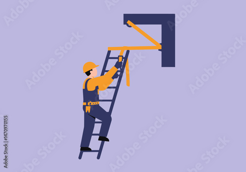 Construction Worker Climbing Ladder to Reach High Building Point