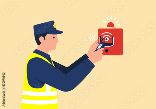 Security Guard Checking Emergency Alarm System Signal Quality