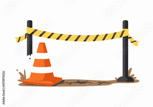 Orange Traffic Cone with Yellow Tape On Mud Ground