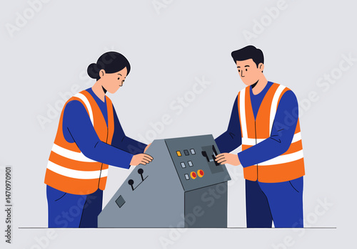 Industrial Workers Operating Machinery with Safety Vests On