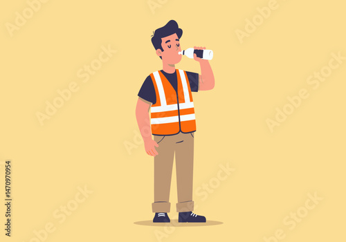 Construction Worker Hydrating Refreshing Drink Break During Warm Day
