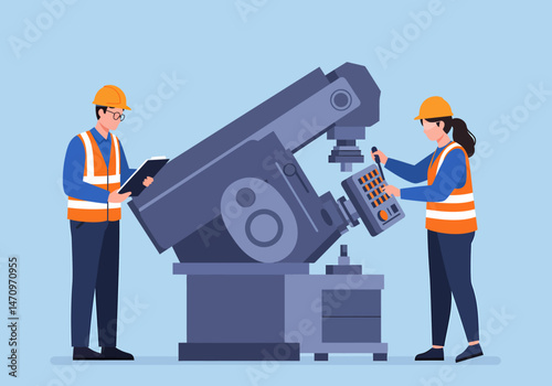 Manufacturing Engineers Working on Industrial Machine Maintenance and Repair