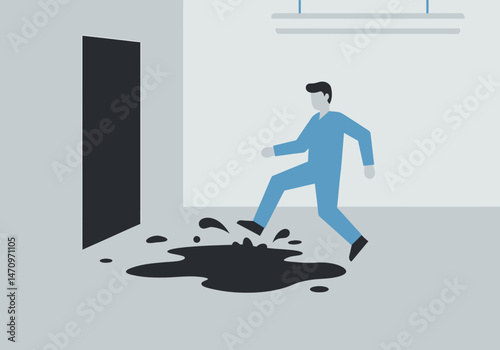 Slipping Cartoon Worker Falling on Oil Spill Hazard Accident