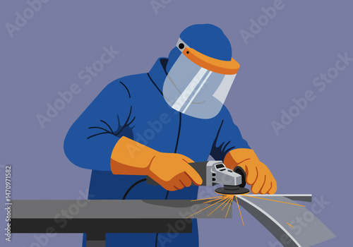 Worker grinding metal with safety gear in factory workspace