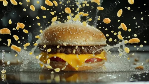 A delicious cheeseburger with dripping sauce and sesame seed bun, captured in dramatic action.