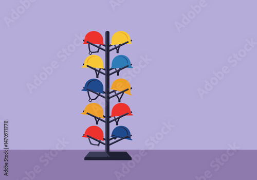 Colorful Hard Hats on a Stand Safety Equipment