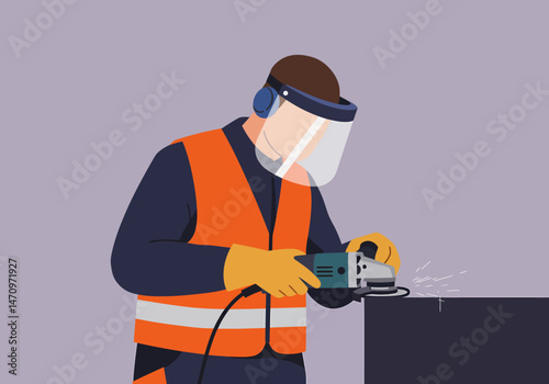 Man Grinding Metal Wearing Safety Gear Illustration Worker Professional