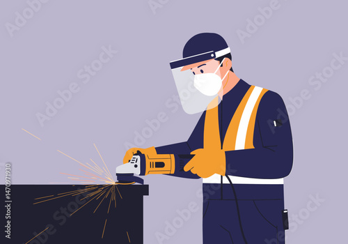 Industrial Welder Grinding Metal with Protective Gear and Safety