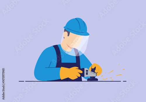  Industrial Welder Grinding Metal with Protective Gear and Safety