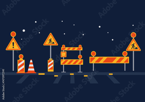 Night road works ahead warning signs at cityscape