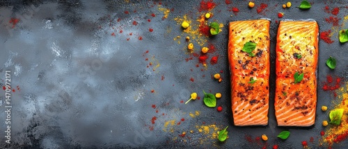 Two seasoned salmon fillets on a dark background.