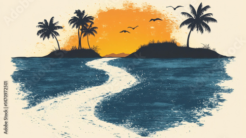 Island sunset path illustration