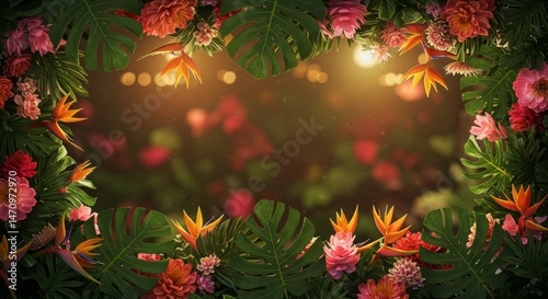 Vibrant floral frame with tropical foliage and warm lighting.