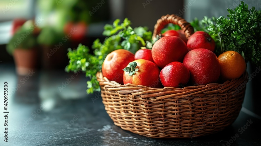 A Basket of Fresh, Vibrant Produce: Apples, Tomatoes, and Herbs, a Still Life of Autumnal Abundance A Basket of Fresh, Vibrant Produce: Apples, Tomatoes, and Herbs, a Still Life of Autumnal Abundance