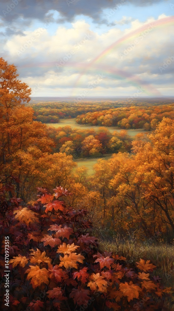 Fototapeta premium Autumnal Landscape with Double Rainbow Over Colorful Forest Majestic Fall Foliage Scenic View