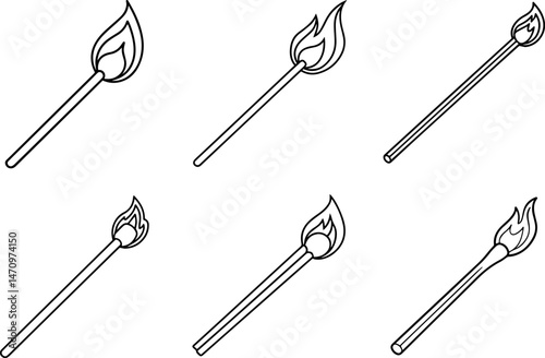 Set of matchstick outline vector illustration, line art