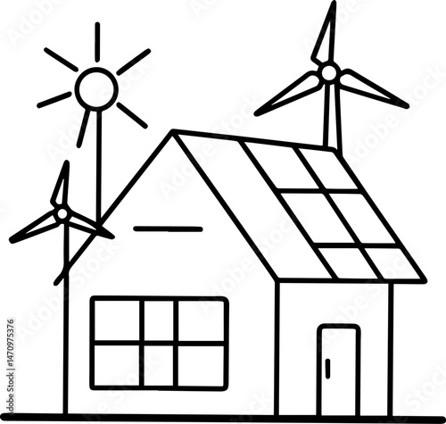 house solar panels wind turbines  outline vector illustration, line art