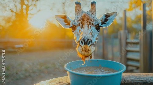 Curious Giraffe Enjoying a Drink at Golden Hour