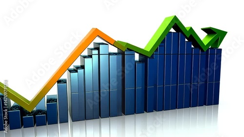 Green Arrow Ascending Over Blue Bar Graph Depicting Financial Growth on a White Background Representing Business Success and Market Increase