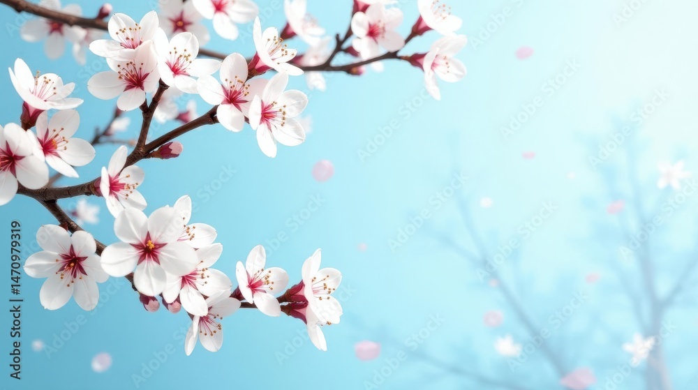 Obraz premium Delicate Spring Blossoms on a Branch Against a Soft Blue Sky Background with Falling Petals
