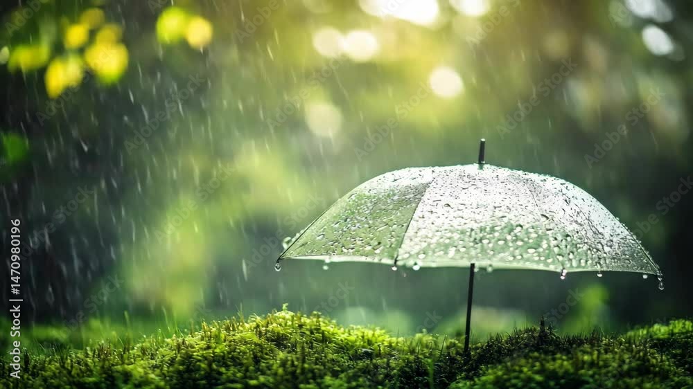 White umbrella in the forest under the rain