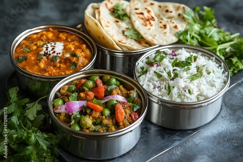 Indian vegetarian meal with chickpea curry, rice, salad, and naan served in stainless steel containers