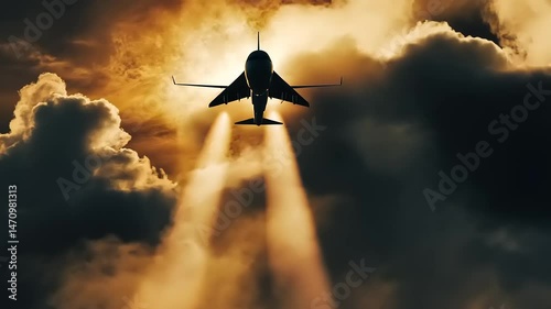 Jet Aircraft Silhouetted Against Golden Sky and Clouds Streaks Of Light Creates Dramatic Effect