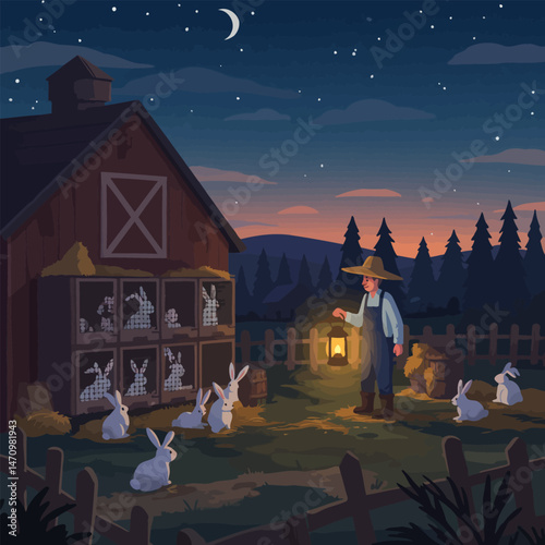 Farmer with Lantern Tending to Rabbits at Barn in Evening