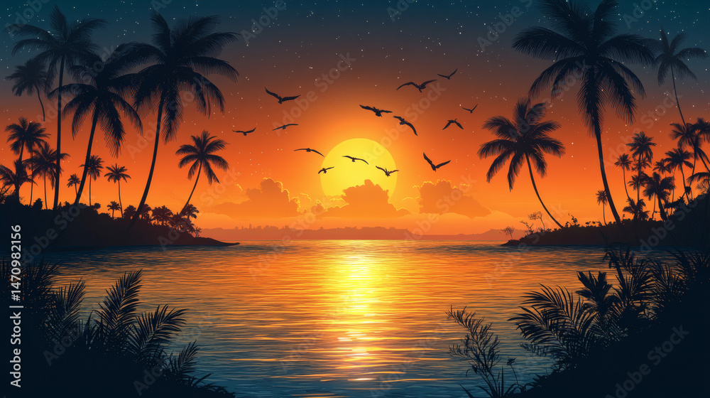 Obraz premium Tropical sunset scene water reflection with palm trees and birds in flight